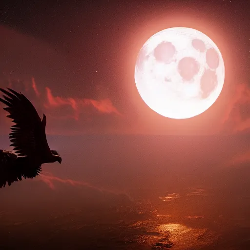 Prompt: phoenix flying in front of the moon, glowing light, fire, unreal engine, octane render, greg rutkowski, 8 k