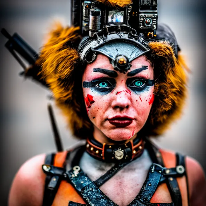 Image similar to photograph of a real - life very beautiful atompunk warrior. extremely detailed. dslr. 8 5 mm.