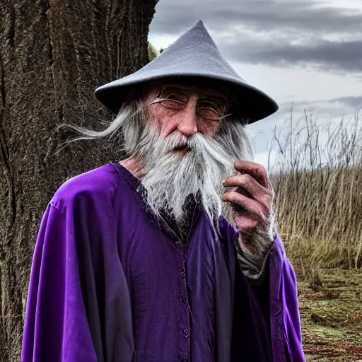 Prompt: an old bald druid wizard with bushy grey eyebrows, long grey hair and wearing a grey wizard hat, disheveled, wise old man, wearing a purple detailed coat, a bushy grey beard, sorcerer, he is a mad old man