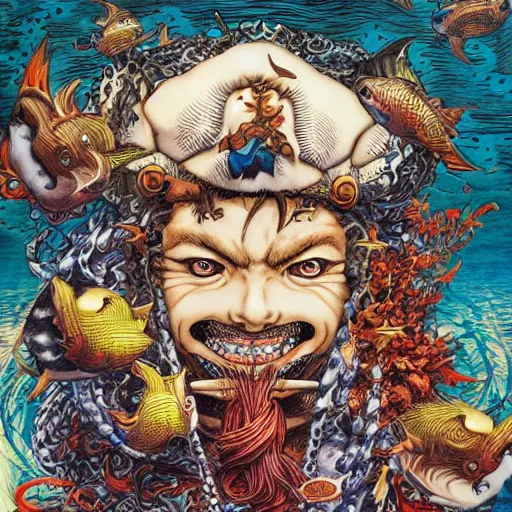 Prompt: portrait of crazy pirate with fishes around, symmetrical, by yoichi hatakenaka, masamune shirow, josan gonzales and dan mumford, ayami kojima, takato yamamoto, barclay shaw, karol bak, yukito kishiro