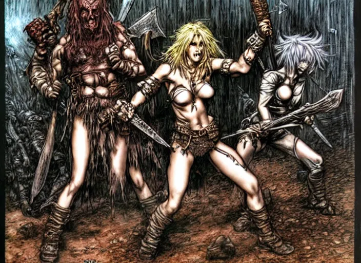 Prompt: bald barbarian girl fights goblins by Luis Royo, Richard Corben