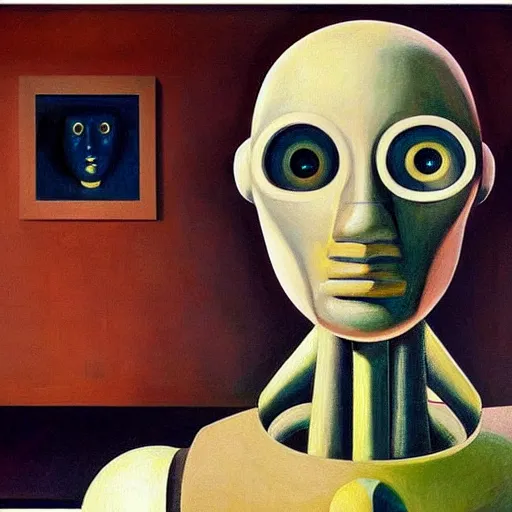 Image similar to super - intelligent robot with kind eyes portrait, grant wood, pj crook, edward hopper, oil on canvas