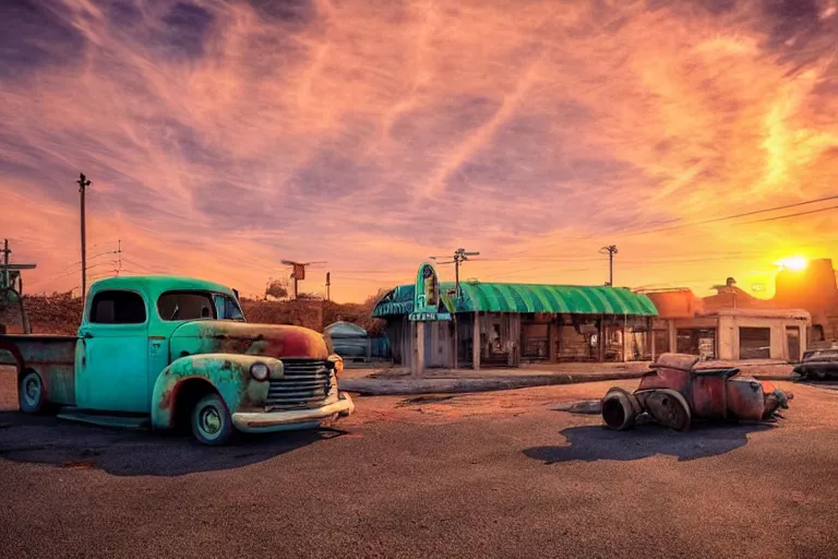 Image similar to a sunset light landscape with historical route 6 6, lots of sparkling details and sun ray ’ s, blinding backlight, smoke, volumetric lighting, colorful, octane, 3 5 mm, abandoned gas station, old rusty pickup - truck, beautiful epic colored reflections, very colorful heavenly, softlight