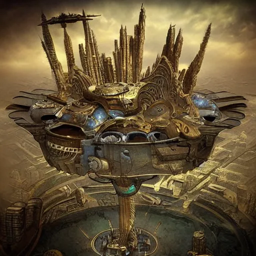 Image similar to flying city in a bronze lotus, sky, steampunk!!!, fantasy art, steampunk, masterpiece, octane