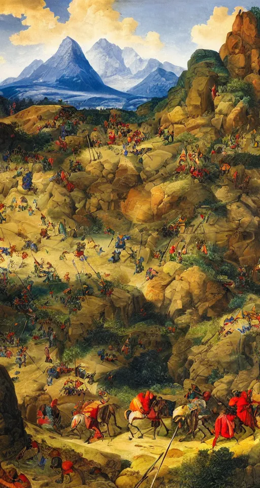Prompt: massive vibrant and colorful mountainscape behind a small medieval skirmish, painting, aesthetically pleasing