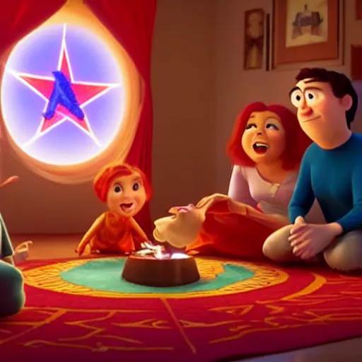 Prompt: pixar movie, a happy family in black cult robes sitting around a red pentagram on the floor performing an evil occult ritual to summon the antichrist