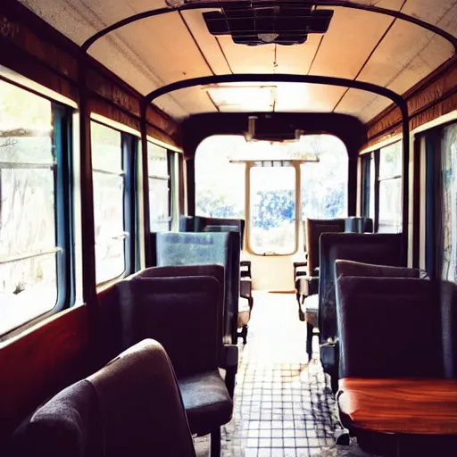 Image similar to photograph of cozy private diner train car, plush chairs, god rays through windows, rich wooden table, potted plants, warm light, wide angle