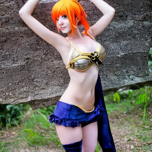 Image similar to fashion photoshoot of a cute girl cosplaying as Nami from One Piece