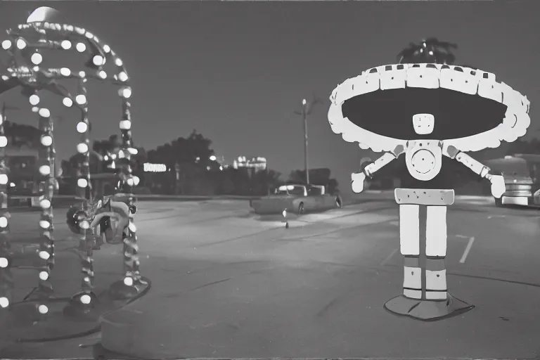 Image similar to robot clown relaxing at a california drive in, in 1 9 5 2, cutecore clowncore, bathed in the the glow, alien castle in background, low - light photograph, in style of tyler mitchell, cut and paste collage