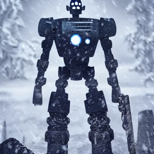 Prompt: the iron giant standing stoically in the snow after a battle with the U.S.millitary, full body image, highly detailed, deep aesthetic, 4k, highly ornate intricate details, rich colors, digital artwork, symmetrical, ray tracing,