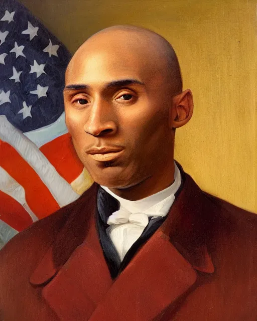 Image similar to facial portrait of the united states president, an ugly 7 8 year old kobe bryant, resolute desk, 1 8 4 8, oil on canvas by william sidney mount, trending on artstation, national archives