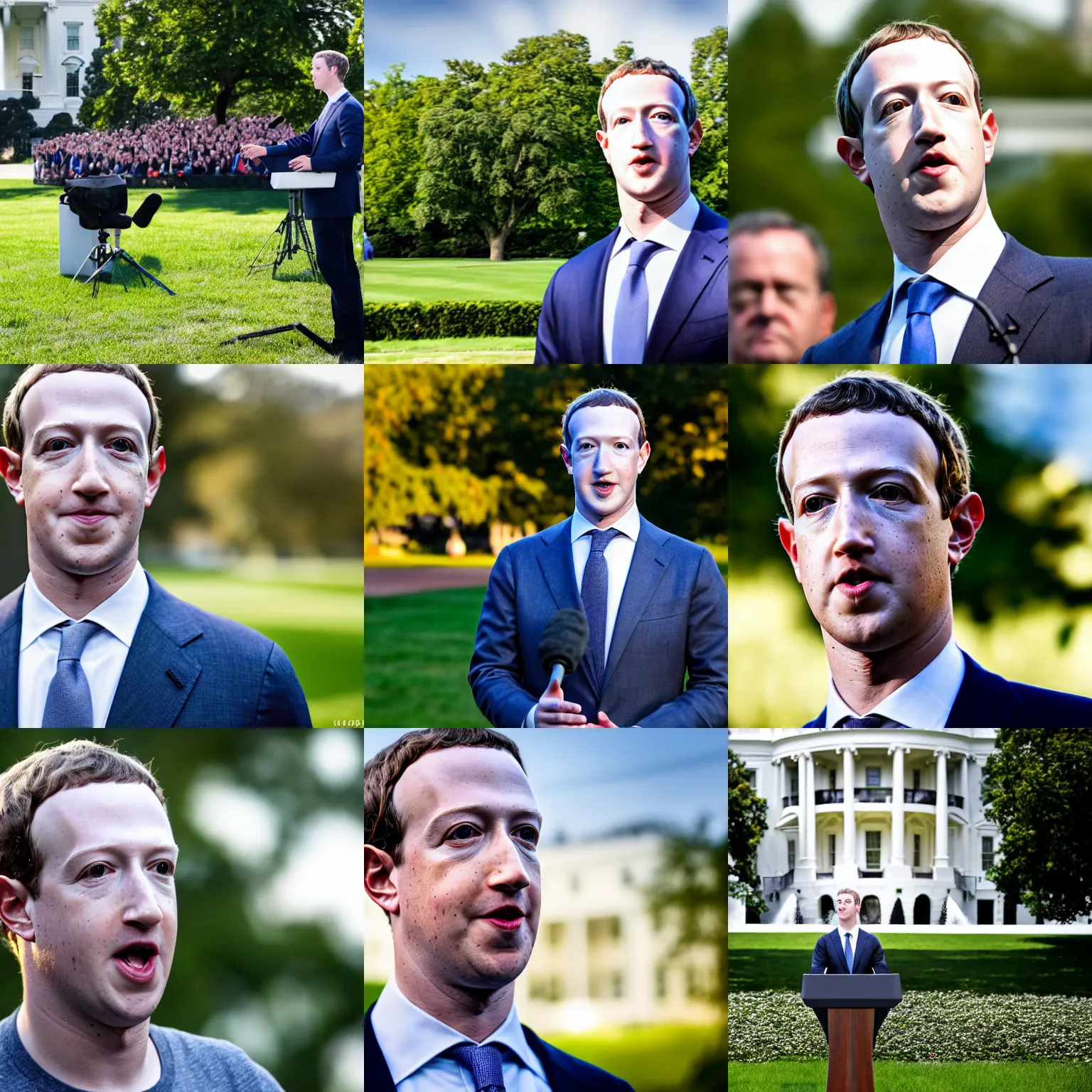 Prompt: headshot of Mark Zuckerberg as the president of the united states speaking to reporters on the white house lawn, EOS-1D, f/1.4, ISO 200, 1/160s, 8K, RAW, unedited, symmetrical balance, in-frame, Photoshop, Nvidia, Topaz AI