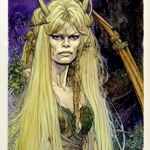 Image similar to a realistic and atmospheric watercolour fantasy character concept art portrait of brigitte bardot as a druidic warrior wizard looking at the camera with an intelligent gaze by rebecca guay, michael kaluta, charles vess and jean moebius giraud