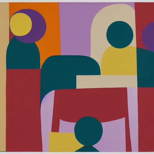 Image similar to A painting of 3 people in a room, abstract painting in the style of Sophie Taeuber-Arp and Gary Hume and Tatsuro Kiuchi, flat colour-block style, geometric abstraction, earthy light pastel colours
