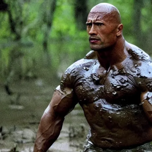 Image similar to film still of dwayne johnson as major dutch, covered in mud, hiding from the predator in swamp scene in 1 9 8 7 movie predator, hd, 8 k