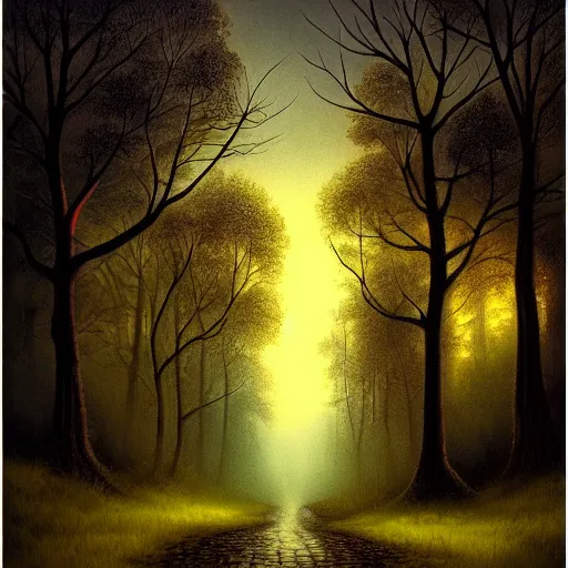 Image similar to in the style of gerald brom, beautiful small down, cobblestone roads, low light, end of day, trees, forest in the distance, light mist