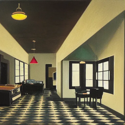 Image similar to realistic painting of chuck e. cheese building interior, in the style of johannes vermeer