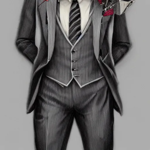 Image similar to a upper body portrait of a deer in a pinstriped suit and pants wearing a fedora with the antlers sticking out of the fedora by artgerm and wlop, intricate detail, digital art, photorealistic, trending on artstation