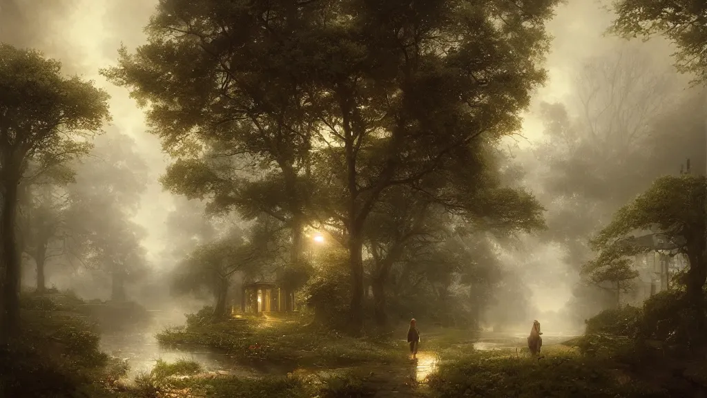 Image similar to this was the start of the journey, leaving the trimmed gardens and clipped hedges of home. andreas achenbach, artgerm, mikko lagerstedt, zack snyder, tokujin yoshioka