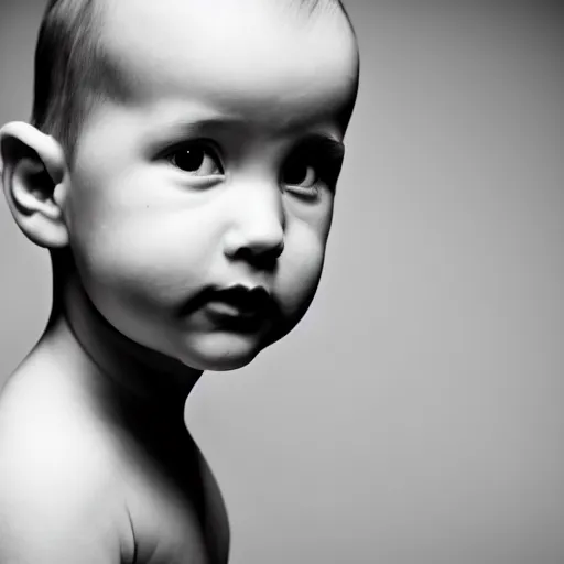 Prompt: portrait of an infant with a chiseled jawline and smug expression, looking to the side, b&w, dramatic lighting, high contrast