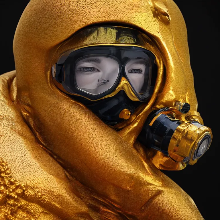 Prompt: octane render portrait by wayne barlow and carlo crivelli and glenn fabry, subject is a futuristic scuba diver with a shiny reflective golden metal helmet with colorful reflective goggles and covered in black ribbed rubber hoses, inside a coral reef aquarium full of exotic fish, cinema 4 d, ray traced lighting, very short depth of field, bokeh