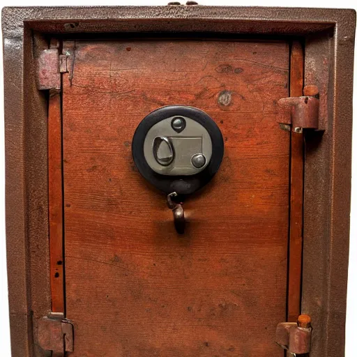 Image similar to A still life of a safe on the wooden ground, wood panels, metalic, (((rusty))), ((Edwin Foley))