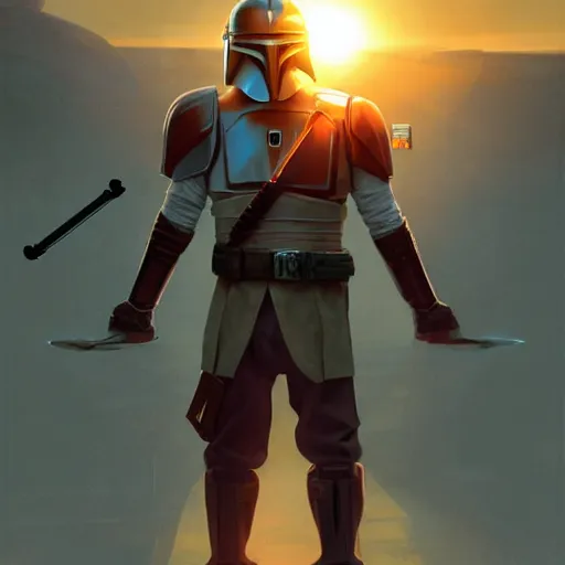 Image similar to a young blonde male jedi with short hair standing still looking at the sunset, over the shoulder shot, ots shot, third-person shot, full-length, head-to-toe, full body photography, extremely long shot, long shot, concept art by Doug Chiang cinematic, realistic painting, high definition, concept art, the Mandalorian concept art style