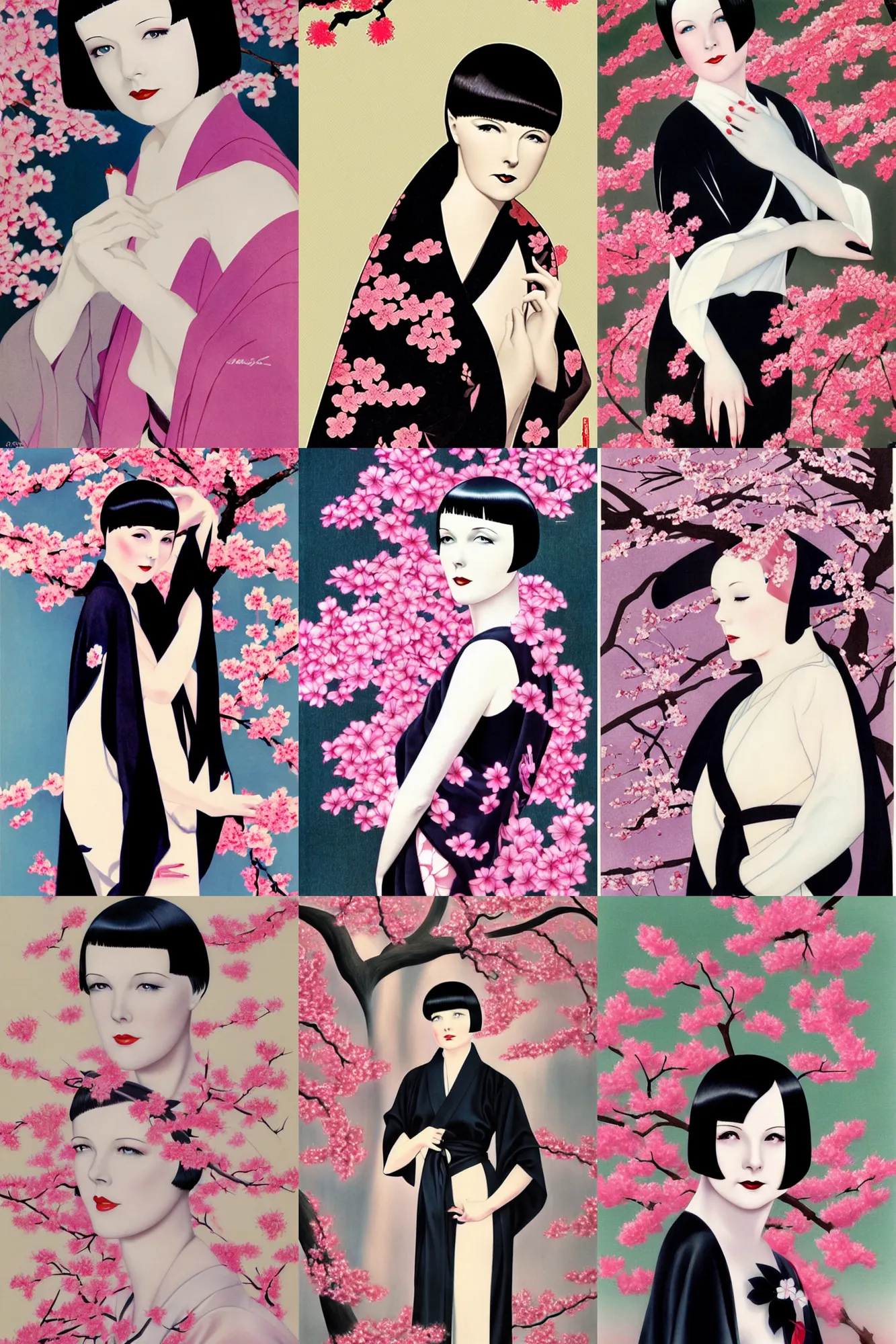 Image similar to 2 8 year old mary louise brooks, wearing kimono, by artgerm, cherry blossom falling, nagel