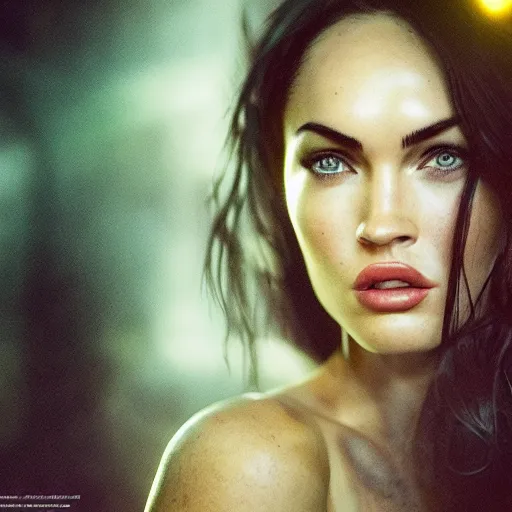 Image similar to portraite of megan fox dark atmosphere, cinematic shot, intricate, ornate, photorealistic, ultra detailed, realistic, 35mm, photography, neon, octane, high definition, depth of field, bokeh, 8k, artstation, ((alphonse mucha))