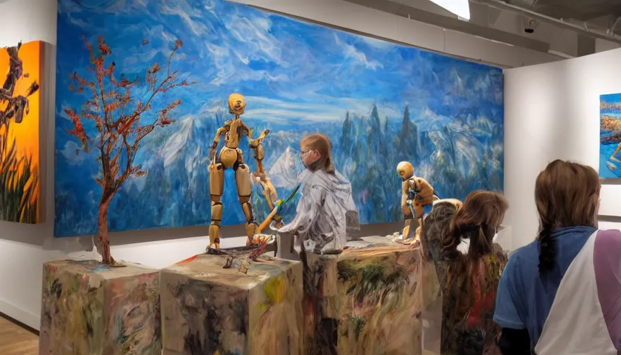 Prompt: art gallery full of humanoid robots painting nature scenes on canvases