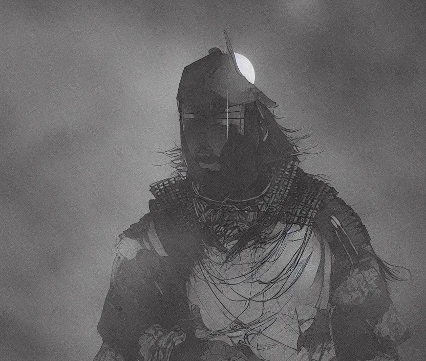 Image similar to '2d design graphic a samurai in the night ,big white moon background , gloomy and foggy atmosphere, octane render, artstation trending, horror scene, highly detailded style of Moebius, black and white ink '