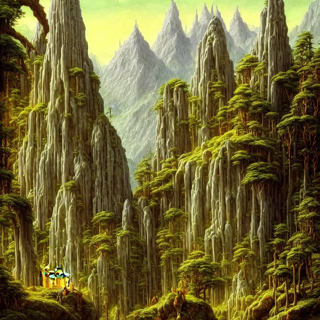 Image similar to A beautiful and highly detailed oil painting of an elven temple in the mountains, detailed trees and cliffs, intricate details, rivendell, 8k, sharp focus, hyper realism, by Caspar Friedrich,