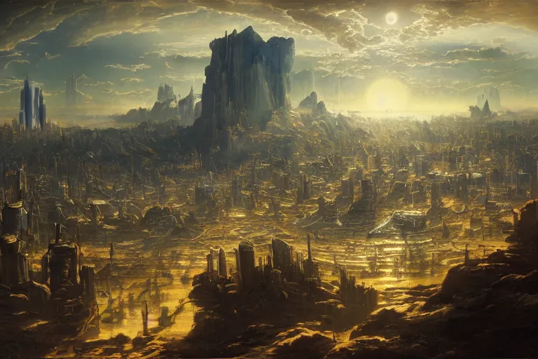 Prompt: a vast planetary sci-fi city by Ansel Adams and Bernardo Bellotto and Yoshitaka Amano, oil on canvas, artstation, dramatic scenery, masterpiece, aesthetic