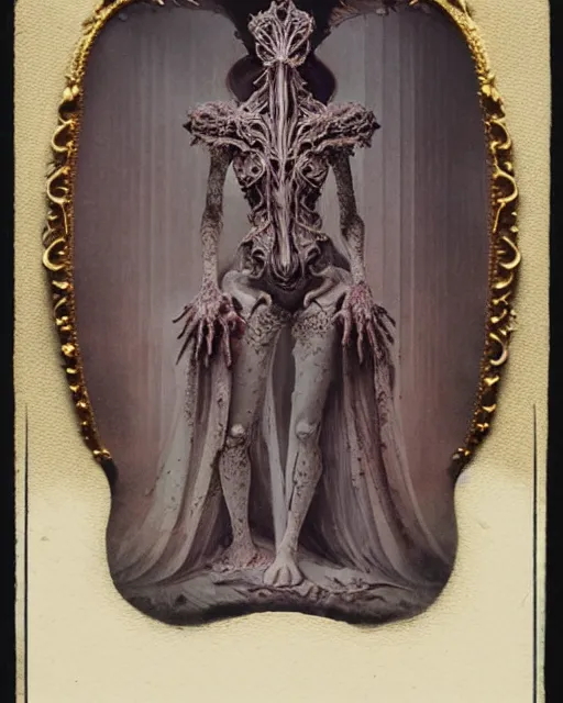 Prompt: a beautiful detailed front view of a dead rotten princess growing ornate baroque, ornamentation, elegant, beautifully soft lit, by wayne barlowe, peter mohrbacher, kelly mckernan, 1 9 1 0 polaroid photography