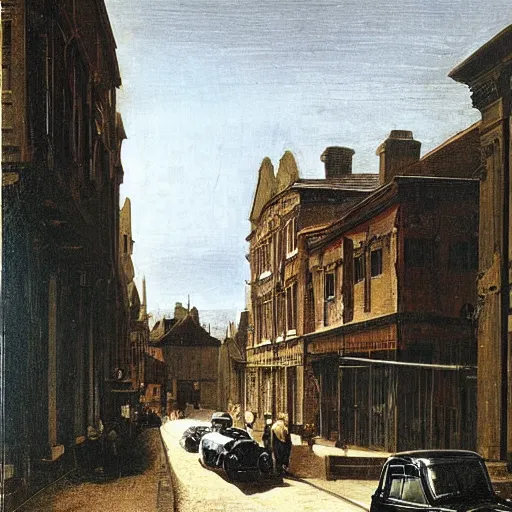 Prompt: a Victorian street in 1840, Mini Cooper S, by Caravaggio