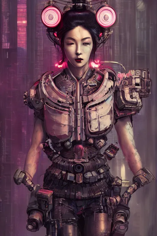 Image similar to Dark cyberpunk geisha. Biopunk, body armor, high detail, photorealism, full length view, concept art, Dan Mumford, Greg Rutkowski, Quixel Megascans, octane render, 16k, 8k, photoillustration