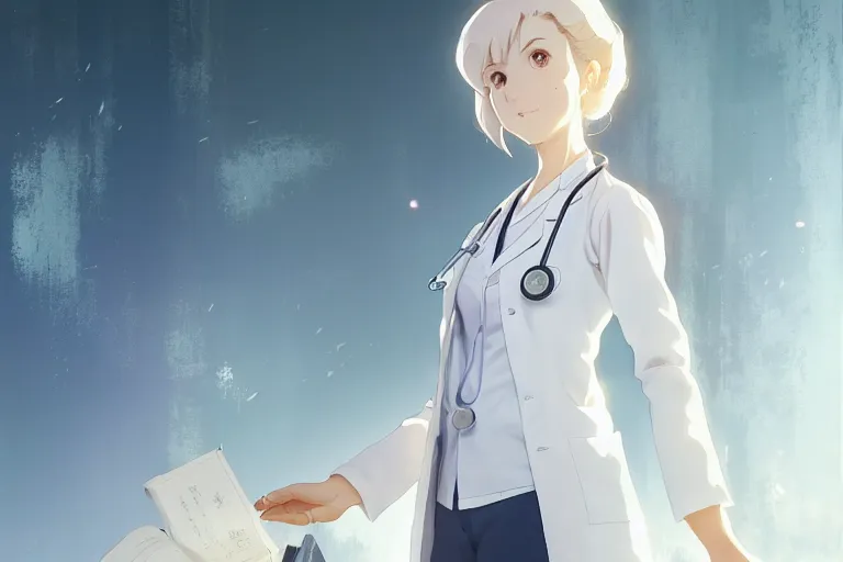 Prompt: a poster of a beautiful cute female doctor in a white coat, hospital ward, finely detailed features, perfect art, trending on pixiv fanbox, painted by greg rutkowski, makoto shinkai, takashi takeuchi, studio ghibli, akihiko yoshida.