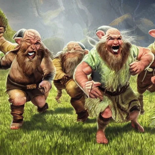 Prompt: a group of dwarves chase rats through an ancient field laughing