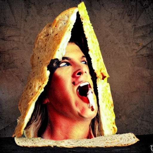 Prompt: Pyramid head trying to eat a sandwich