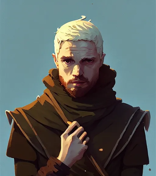 Image similar to portrait of a lord ( game of thrones ) by atey ghailan, by greg rutkowski, by greg tocchini, by james gilleard, by joe fenton, by kaethe butcher, dynamic lighting, gradient light blue, brown, blonde cream and white color scheme, grunge aesthetic