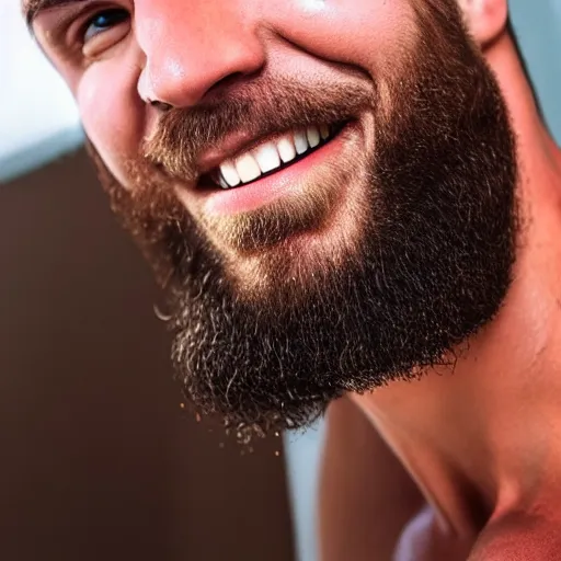 Prompt: Vivid color photography of a very muscular man smiling with a chiseled jawline and trimmed beard