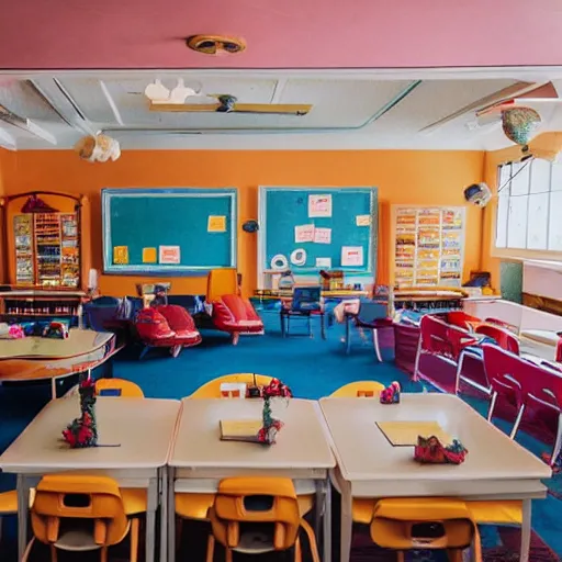 Image similar to a cool school reception, wes anderson style