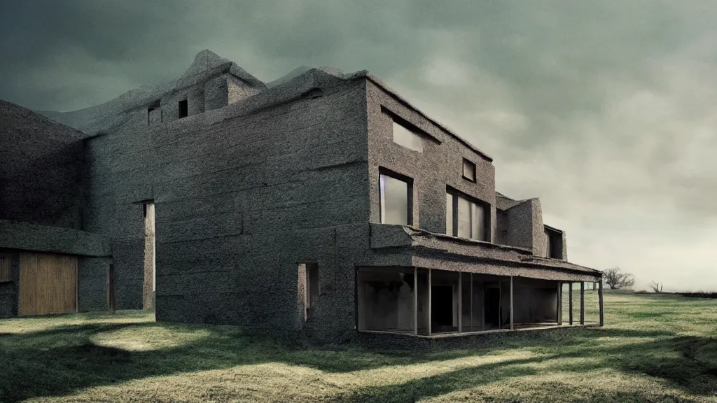 Image similar to the house in the house in the house, film still from the movie directed by denis villeneuve and david cronenberg, with art direction by salvador dali, wide lens