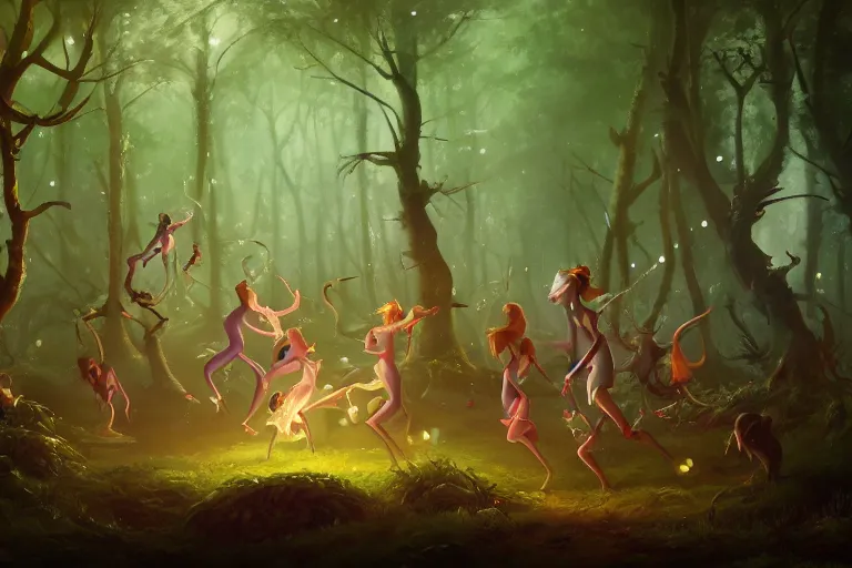 Prompt: detailed painting of fairies in the moosy forest clearing dancing, in the style of peter mohrbacher, james jean, artgerm, dramatic lighting and composition, surreal background, octane render, pixar, trending on artstation, concept art, comic book, 8 k