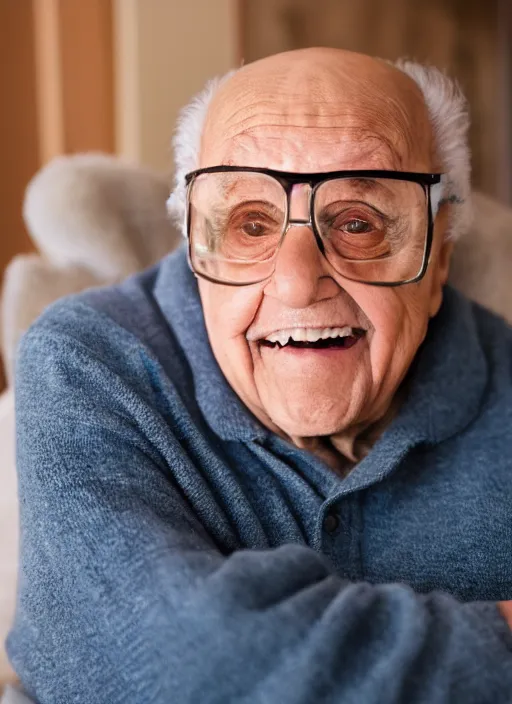 Prompt: DSLR photo portrait still of 85 year old age 85 Danny Devito at age 85!!!, 85mm f1.8