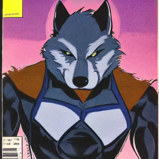 Image similar to 1 9 8 0 s comic book cover scan featuring a portrait of villain male wolf o'donnell anthropomorphic wolf furry fursona from starfox wearing a dark space mercenary uniform, dark grey wolf, handsome eyes, wolf o'donnell