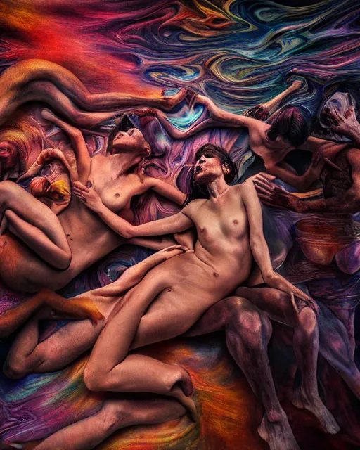 Image similar to realistic scene of a creation of human body, psychedelic, dark art, facing camera, photo realistic, detailed, 1 4 5 0, delicate, hyper realism, ultra realistic, 8 k