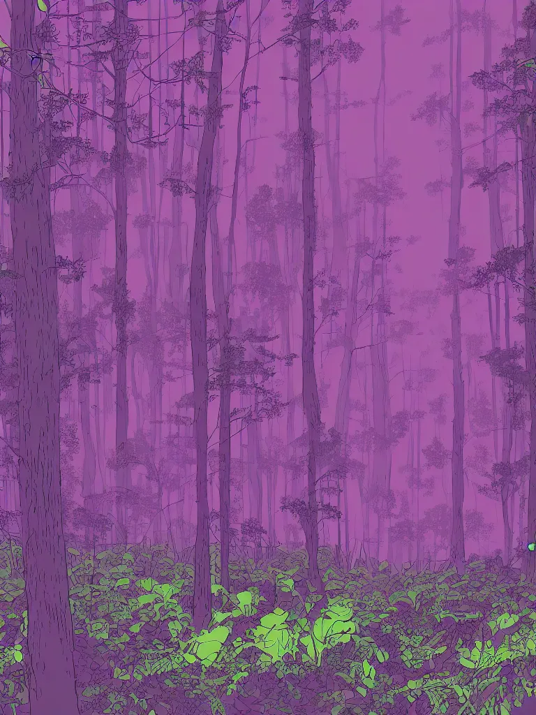 Image similar to a digital art of a close up view of a forest, fireflies flying around, purple color scheme, by laurie greasley, artstation, studio ghibli color scheme