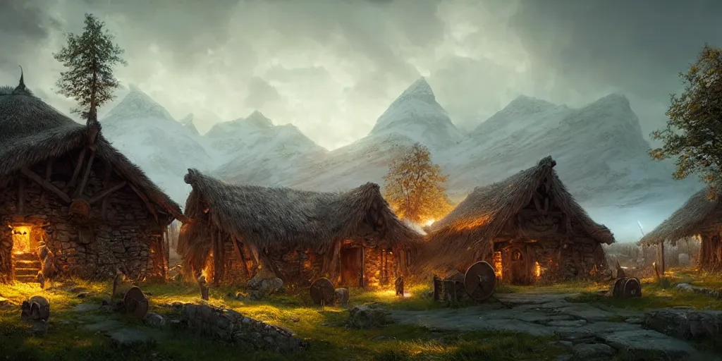 Image similar to beautiful viking village, digital art, landscape, fantasy art, octane render, ureal engine, high detail, very realistic, by greg rutkowski. by james gurney