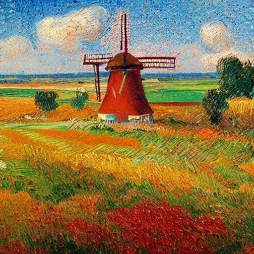 Image similar to A beautiful oil painting of a dutch landscape, there are windmills, the colors are vivid and bright, in the style of early van Gogh, rough pointillism